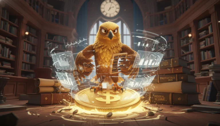 Adler mit Monokel analysiert Fed-Protokolle auf Goldmünze und bestimmt Schockwellen für den Goldpreis 2026.