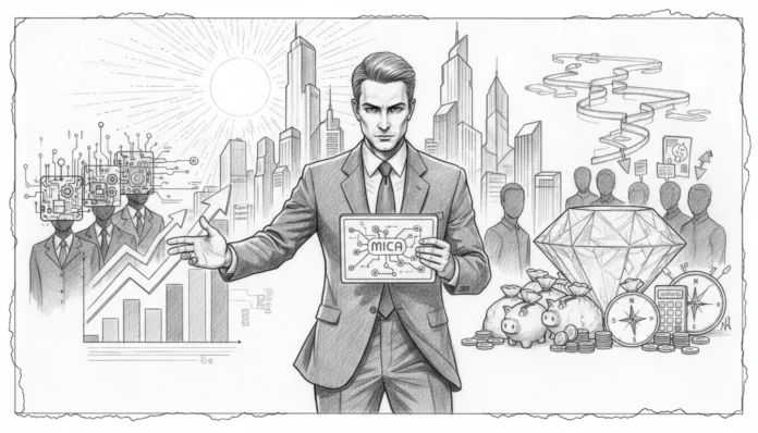 Geschäftsmann mit MiCA-Tablet neben KI-Profiteuren, Wachstums-Charts und Sparschweinen für den Finanzmarkt 2026.