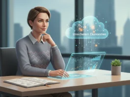 Frau am Hologramm-Pult passt Finanzplan bei unsicherem Einkommen mit Strategien für 2026 im Büro an.