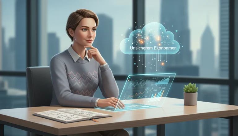 Frau am Hologramm-Pult passt Finanzplan bei unsicherem Einkommen mit Strategien für 2026 im Büro an.