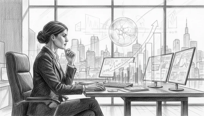 financial-release-wealth-2030-strategy.webp Geschäftsfrau analysiert beim lautlosen Beben des Financial Release Diagramme für den Wohlstand 2030 am PC.