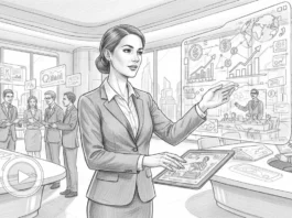 Frau nutzt interaktive Hologramme für Webinare, die mit Datenanalysen die moderne Finanzwelt revolutionieren.