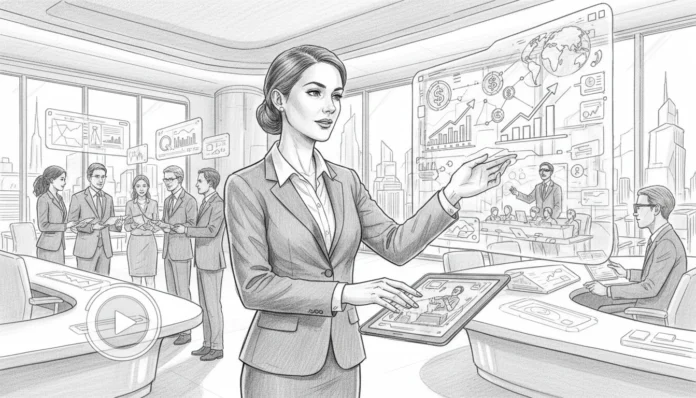 Frau nutzt interaktive Hologramme für Webinare, die mit Datenanalysen die moderne Finanzwelt revolutionieren.