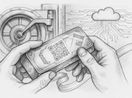 Hände halten digitale Echtheitszertifikate als QR-Code vor Tresor für Goldbarren Hersteller im Fintech-Trend 2026.