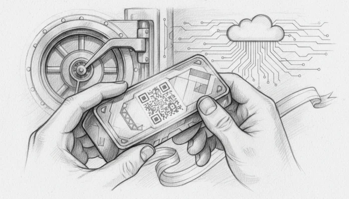 fintech-trend-2026-gold-bar-manufacturers-digital-certificates.webp Hände halten digitale Echtheitszertifikate als QR-Code vor Tresor für Goldbarren Hersteller im Fintech-Trend 2026.