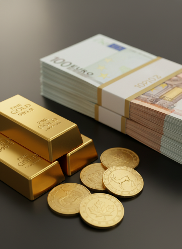 Geopolitische Eskalation: US-israelische Luftschläge im Iran und Ihr Vermögen 3 Mehrere glänzende Anlage-Goldbarren und Goldmünzen, arrangiert neben europäischen Euro-Banknoten.