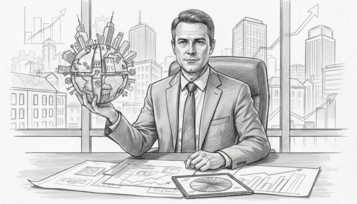 Experte plant Rendite-Maximierung 2026 mit Fractional Real Estate am Schreibtisch vor einer urbanen Skyline.