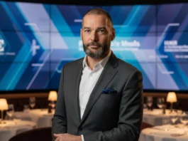 Porträt von Fred Sirieix in einem grauen Anzug vor einem modernen digitalen Bildschirm in einem eleganten Restaurant.
