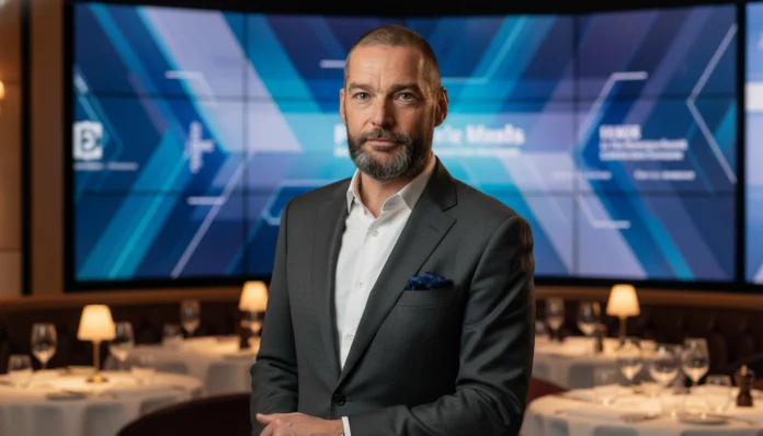 Porträt von Fred Sirieix in einem grauen Anzug vor einem modernen digitalen Bildschirm in einem eleganten Restaurant.