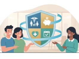 Paar bei Beratung zur kostenlosen Mitversicherung der Krankenkasse vor einem Schutzschild mit Familiensymbolen.