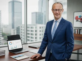Friedrich Merz in einem modernen Hochhausbüro mit Finanzcharts auf einem Laptop, passend zu seinem Vermögen.