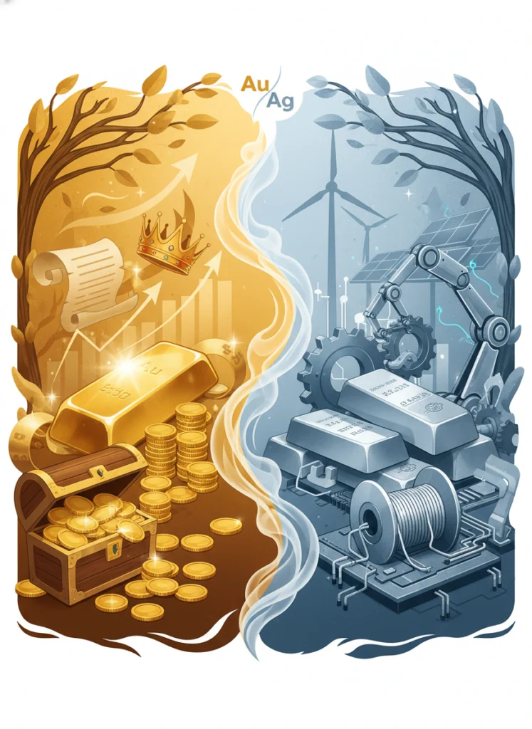 Wie investiert man als Anfänger am besten in Silber? 1 Gold als Symbol für Reichtum neben Silber als Industriemetall verdeutlicht fundamentale Unterschiede beider Edelmetalle.