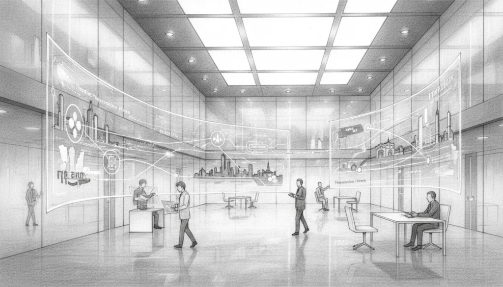 Ripple (XRP): Die Zwei-Dollar-Mauer und das Ringen um institutionelles Vertrauen 2 Eine architektonische Weitwinkelskizze einer futuristischen Bankhalle aus Glas und Stahl. Große, gebogene Hologramm-Bildschirme schweben im Raum und visualisieren vernetzte Transaktionsströme zwischen den Skylines globaler Städte – eine Darstellung des RippleNet-Netzwerks. Geschäftsleute bewegen sich durch den klaren, modernen Raum und interagieren mit der hochmodernen digitalen Umgebung.