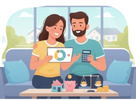 Paar plant Finanzen für das Eigenheim mit Tablet, Rechner, Waage und Sparschwein auf dem Sofa.