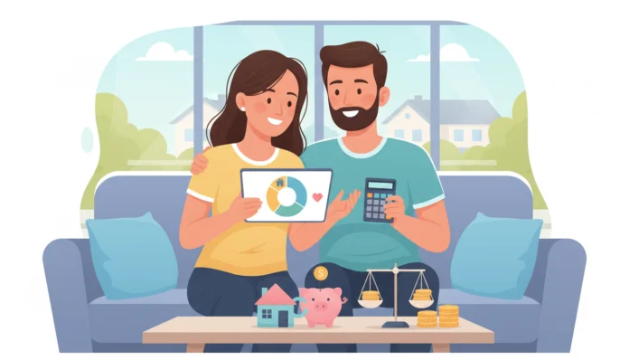 Paar plant Finanzen für das Eigenheim mit Tablet, Rechner, Waage und Sparschwein auf dem Sofa.