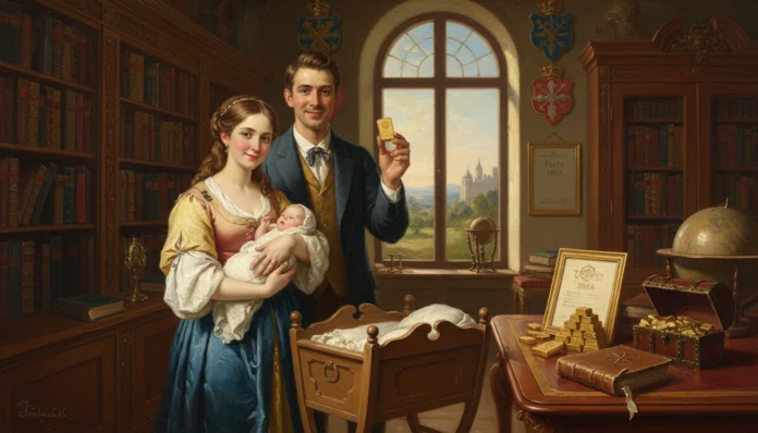 gen-alpha-goldbarren-taufe-2026-altersvorsorge.webp Eltern mit Baby und Goldbarren zur Taufe 2026 als langfristige Altersvorsorge und Vermögensaufbau für die Gen Alpha.