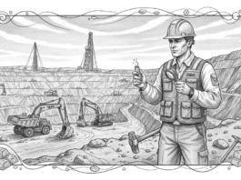 Cartier Resources und das Cadillac-Projekt – Ein massiver Sprung in der Goldexploration? Eine detailreiche Skizze eines Geologen mit Schutzhelm, der eine Gesteinsprobe unter einer Lupe in einem weitläufigen Goldtagebau untersucht. Im Hintergrund sind schwere Bergbaumaschinen wie Bagger, Muldenkipper und Bohrtürme zu sehen, während im Vordergrund Goldbarren und Geologenwerkzeuge abgebildet sind.