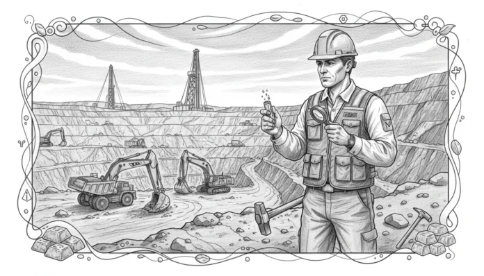 Eine detailreiche Skizze eines Geologen mit Schutzhelm, der eine Gesteinsprobe unter einer Lupe in einem weitläufigen Goldtagebau untersucht. Im Hintergrund sind schwere Bergbaumaschinen wie Bagger, Muldenkipper und Bohrtürme zu sehen, während im Vordergrund Goldbarren und Geologenwerkzeuge abgebildet sind.