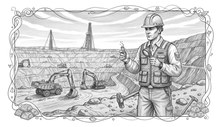 Eine detailreiche Skizze eines Geologen mit Schutzhelm, der eine Gesteinsprobe unter einer Lupe in einem weitläufigen Goldtagebau untersucht. Im Hintergrund sind schwere Bergbaumaschinen wie Bagger, Muldenkipper und Bohrtürme zu sehen, während im Vordergrund Goldbarren und Geologenwerkzeuge abgebildet sind.