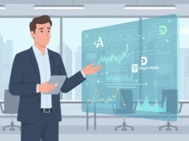 Ein Geschäftsmann analysiert Daten deutscher KI-Startups wie Aleph Alpha an einem digitalen Screen für Privatanleger.