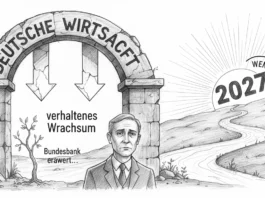 Deutsche Wirtschaft am Wendepunkt: Bundesbank erwartet verhaltenes Wachstum, doch 2027 könnte die Wende bringen Eine symbolische Karikatur zur Lage der deutschen Wirtschaft: Ein bröckelnder Steinbogen mit der Aufschrift 'DEUTSCHE WIRTSCHAFT' und Abwärtspfeilen markiert die aktuelle Krise. Ein besorgter Mann im Anzug steht vor dem Schriftzug 'verhaltenes Wachstum, Bundesbank erwartet...'. Ein gewundener Pfad führt aus der kargen Landschaft rechts hin zu einer strahlenden Sonne mit der Jahreszahl '2027' und einem Pfeil für die 'Wende', was den prognostizierten wirtschaftlichen Aufschwung darstellt.