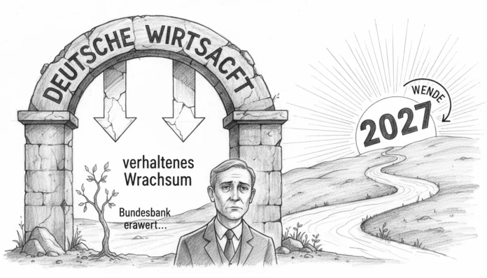 Eine symbolische Karikatur zur Lage der deutschen Wirtschaft: Ein bröckelnder Steinbogen mit der Aufschrift 'DEUTSCHE WIRTSCHAFT' und Abwärtspfeilen markiert die aktuelle Krise. Ein besorgter Mann im Anzug steht vor dem Schriftzug 'verhaltenes Wachstum, Bundesbank erwartet...'. Ein gewundener Pfad führt aus der kargen Landschaft rechts hin zu einer strahlenden Sonne mit der Jahreszahl '2027' und einem Pfeil für die 'Wende', was den prognostizierten wirtschaftlichen Aufschwung darstellt.