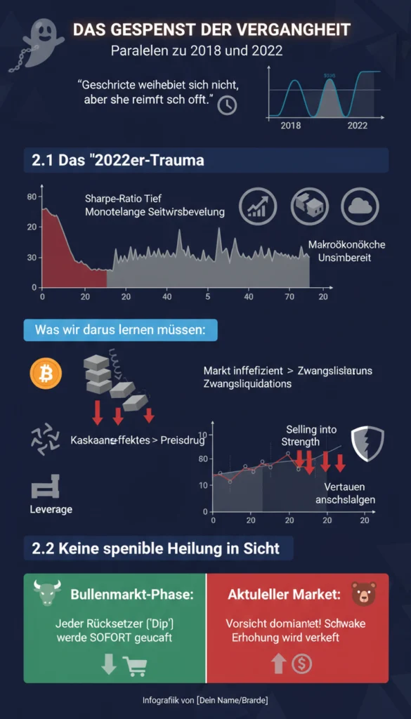 "A German language infographic titled 'Das Gespenst der Vergangenheit' analyzing financial market parallels between 2018 and 2022. The graphic includes charts for the Sharpe-Ratio and market movements, labels lessons learned regarding liquidations and leverage, and compares bull market phases with current market sentiment."


