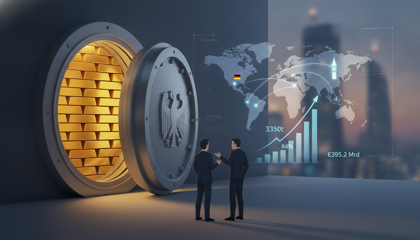 Geöffneter Tresor voller Goldbarren mit Bundesadler symbolisiert die Goldreserven Deutschland der Bundesbank.