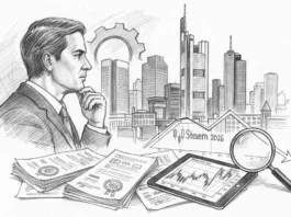 Bleistiftzeichnung eines Geschäftsmanns, der über Steuern auf Handels- und Anlagegewinne in Deutschland im Jahr 2026 nachdenkt, umgeben von Finanzdokumenten und einer Skyline.