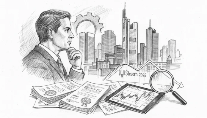 Bleistiftzeichnung eines Geschäftsmanns, der über Steuern auf Handels- und Anlagegewinne in Deutschland im Jahr 2026 nachdenkt, umgeben von Finanzdokumenten und einer Skyline.