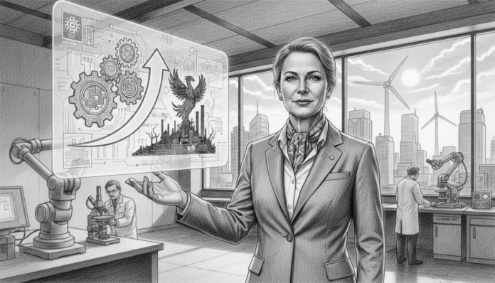 Eine detailreiche Bleistiftzeichnung zeigt eine selbstbewusste Frau im Business-Anzug vor einem futuristischen Labor-Hintergrund. Sie präsentiert ein schwebendes Hologramm mit ineinandergreifenden Zahnrädern, einem steil nach oben gerichteten Pfeil und einem Phönix, der aus Industrieanlagen aufsteigt – Symbole für den wirtschaftlichen Wiederaufstieg und industrielle Innovation. Im Hintergrund sind Wissenschaftler bei der Arbeit, Roboterarme und eine moderne Stadtkulisse mit Windrädern zu sehen, was Deutschlands technologische Transformation und das Thema 'unverhofftes Comeback' unterstreicht.
