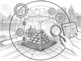 Gläserner Tresor mit Gold unter Lupe und Tablet zeigt die Neudefinition des Goldbesitzes in der EU ab 2026.