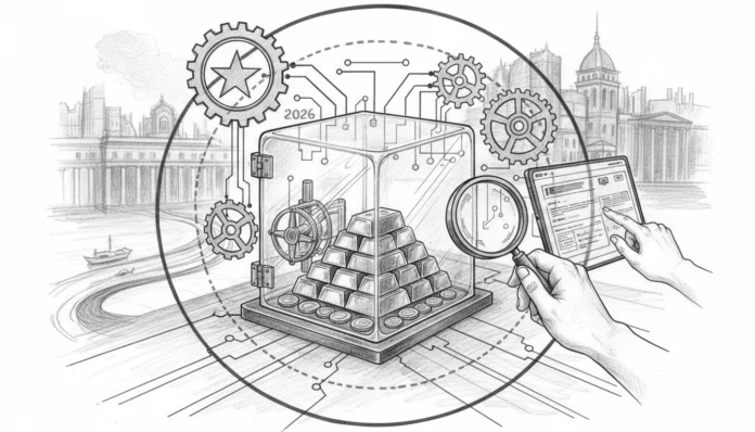 Gläserner Tresor mit Gold unter Lupe und Tablet zeigt die Neudefinition des Goldbesitzes in der EU ab 2026.