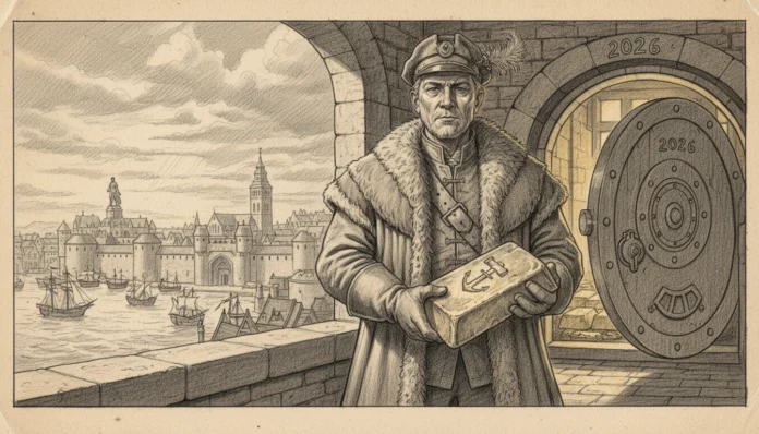 Hanseatischer Kaufmann mit Goldbarren vor Bremer Festung und Tresor 2026 als sicherer Inflationsschutz für Anleger.