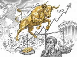 Breaking: Gold überspringt 4.200 € – Das Safe-Haven Paradoxon im Makro-Fokus Goldener Bulle stürmt über 4.200 € Marke, während Waage und nachdenklicher Mann das Safe-Haven Paradoxon im Makro-Fokus zeigen.