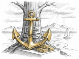 Der stille Anker: Warum 0,5 Gramm Gold 2026 das Fundament Ihrer finanziellen Souveränität bilden Goldener Anker und Goldbarren 2026 vor einem Baum als stabiles Fundament für Ihre finanzielle Souveränität.
