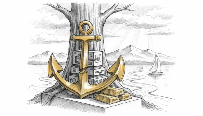 Goldener Anker und Goldbarren 2026 vor einem Baum als stabiles Fundament für Ihre finanzielle Souveränität.