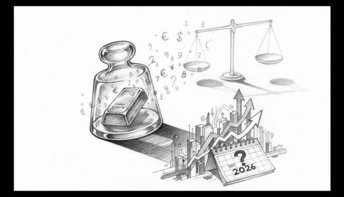 Ein Goldbarren in einer gläsernen Unze, umgeben von Währungssymbolen und Finanzcharts zur fiskalen Realität 2026.
