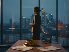 Geschäftsfrau blickt auf Skyline neben Goldbarren und Finanzdaten zum Edelmetall-Rush sowie zur Steuerreform 2026.