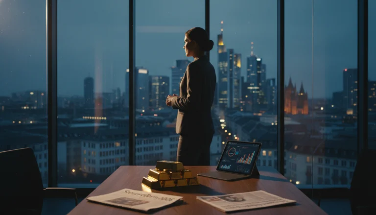 Geschäftsfrau blickt auf Skyline neben Goldbarren und Finanzdaten zum Edelmetall-Rush sowie zur Steuerreform 2026.