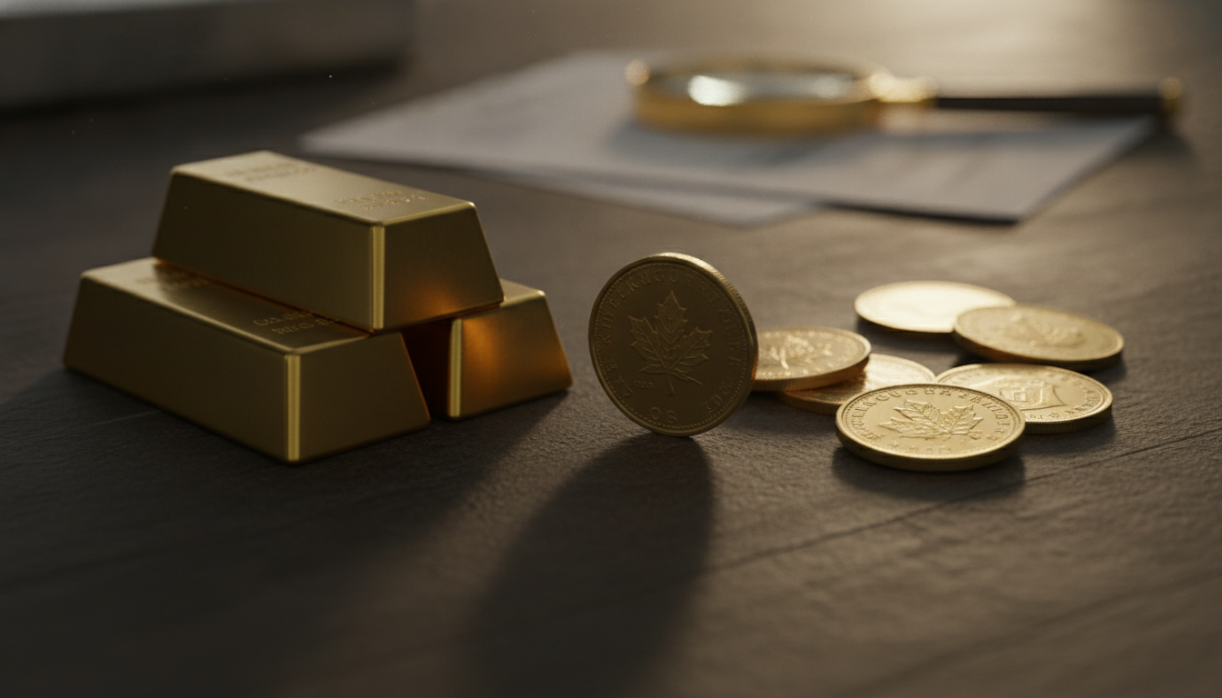 Drei glänzende Goldbarren gestapelt neben mehreren Goldmünzen auf einem dunklen Holztisch als Geldanlage.