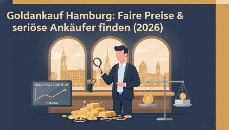 Seriöse Ankäufer für Goldankauf in Hamburg ermitteln faire Preise mit Lupe, Waage und Goldpreis-Chart vor Stadtkulisse.