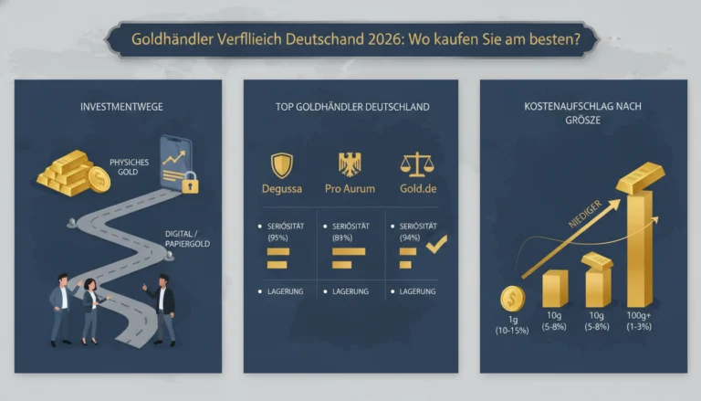 Goldhändler Vergleich Deutschland 2026 zeigt Investmentwege, Top-Händler wie Degussa und Kostenaufschläge nach Größe.