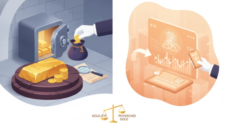 Gegenüberstellung von physischem Gold im Tresor und einem digitalen Gold-ETF mit Charts auf einem Bildschirm.