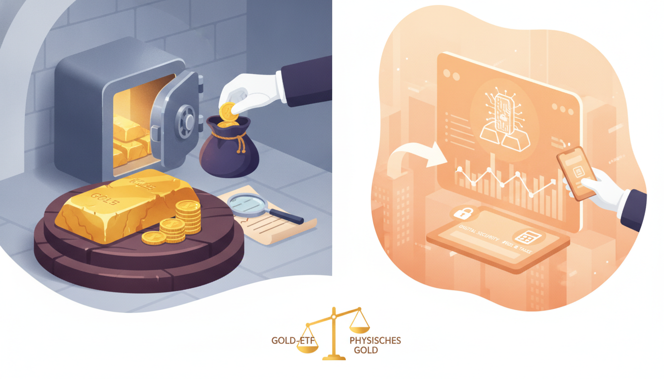 Gegenüberstellung von physischem Gold im Tresor und einem digitalen Gold-ETF mit Charts auf einem Bildschirm.