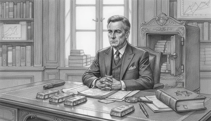 gold-exit-2026-100g-gold-sale-taxation.webp Seriöser Geschäftsmann am Schreibtisch mit 100g Goldbarren zum Gold-Exit 2026 und steuerlicher Realität.