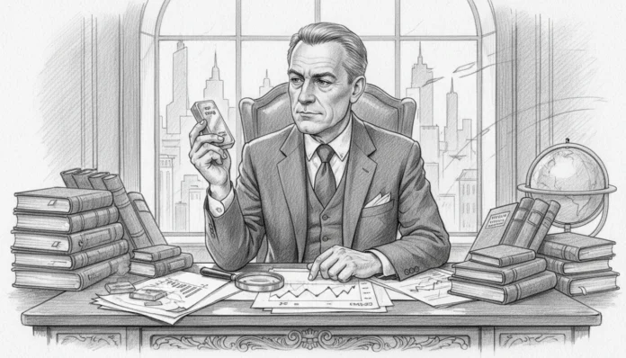 gold-exodus-2026-100g-bar-tax-foresight.webp Geschäftsmann analysiert 100g Goldbarren am Schreibtisch für steuerliche Weitsicht beim Gold-Exodus 2026.