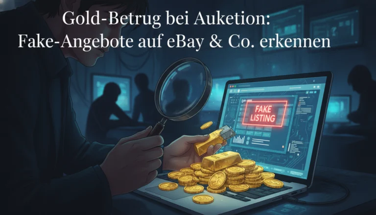 Mann entlarvt Gold-Betrug bei einer Auktion mit einer Lupe und untersucht Fake-Angebote auf einem Laptop.
