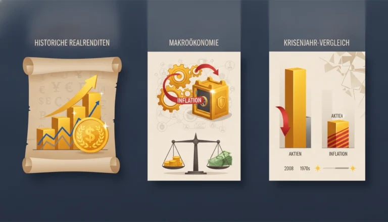 Grafiken zeigen Gold als Inflationsschutz mit steigenden Rendite-Charts, einer Waage und Krisenjahr-Vergleichen.