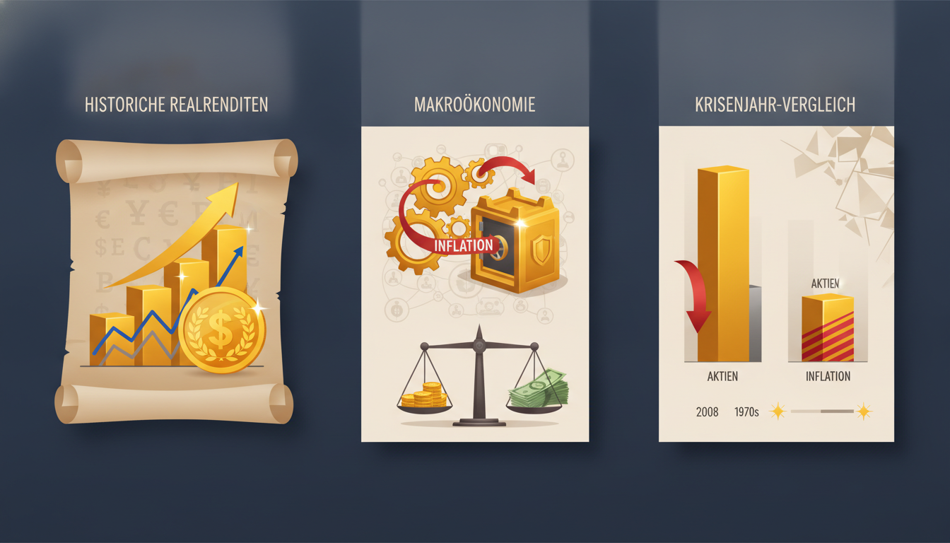 Grafiken zeigen Gold als Inflationsschutz mit steigenden Rendite-Charts, einer Waage und Krisenjahr-Vergleichen.